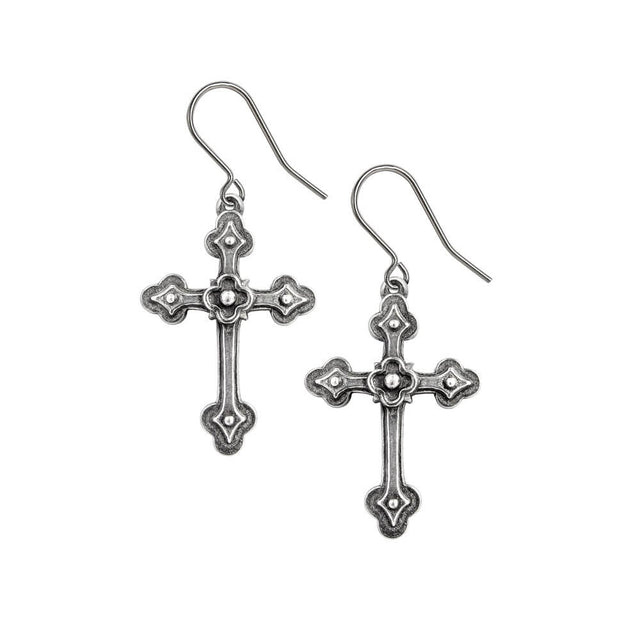 Earrings featuring the Apostle's Cross symbol, ornate gothic crosses.