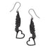 Black heart outlines hang from ebony feathered wings on these earrings