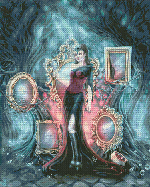 Cross stitch mockup of an evil queen surrounded by glowing mirrors, with a bowl of poisoned apples at her feet. She wears red and black.