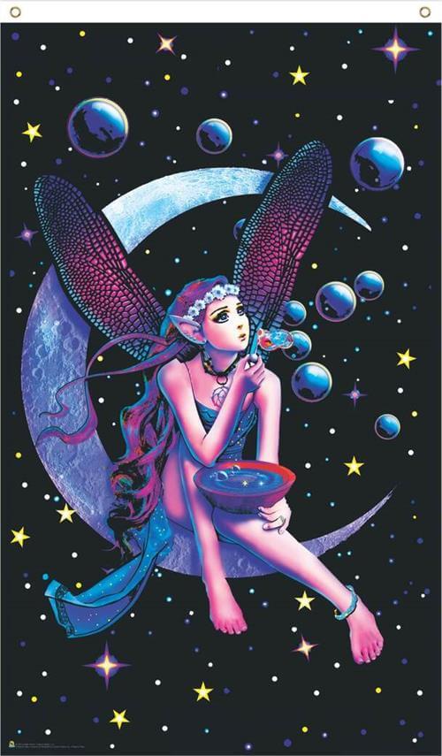 Fairy Flag with UV-reactive artwork by Joe Charron. A pixie sitting on a crescent moon blowing bubbles