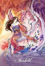 Card example "Threshold" showing a fairy with fiery wings at the boundary between red and purple trees, with a swarm of butterflies