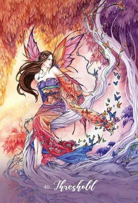 Card example "Threshold" showing a fairy with fiery wings at the boundary between red and purple trees, with a swarm of butterflies