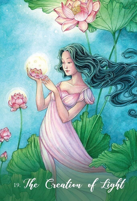 Card example "The Creation of Light" showing a woman with black hair and a pale dress holding a glowing pink water lily