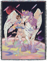 Fairy and winged unicorn in space, surrounded by planets and crystals. Tapestry blanket with fringe