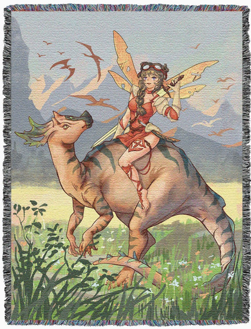 Fairy riding dinosaur into battle tapestry blanket