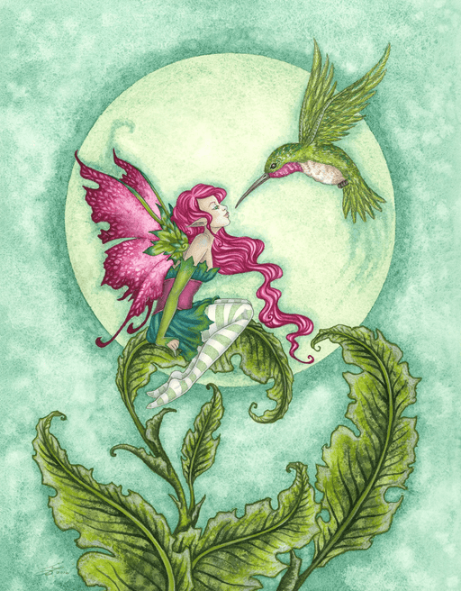 Art by Amy Brown featuring a fairy perched on the leaf. The pixie has pink hari and a green dress with white and aqua striped stockings, and she gazes at a ruby throated green hummingbird with a full moon in the background.