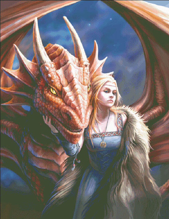 Cross Stitch of Anne Stokes Friend or Foe artwork. A dragon and a woman gaze out judgingly. The dragon is red and the woman has blond hair and wears a gown and fur cloak.