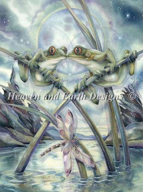 The image is of two frogs hanging out on stems above a pond, sharing a little froggy kiss. Below, a dragonfly soars above the water.  By Jody Bergsma