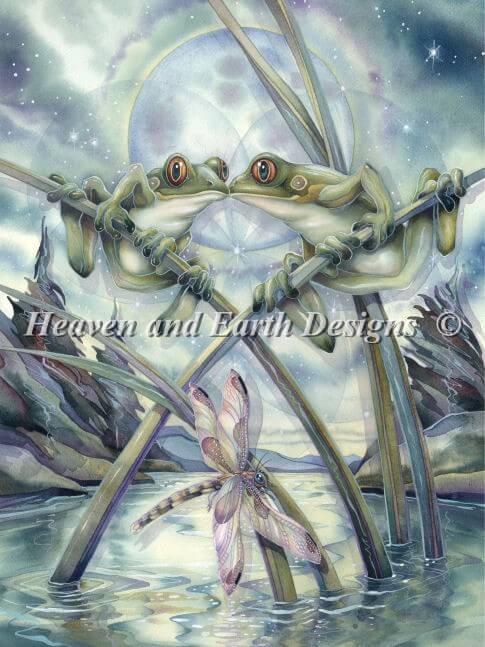 The image is of two frogs hanging out on stems above a pond, sharing a little froggy kiss. Below, a dragonfly soars above the water.  By Jody Bergsma