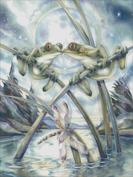 Cross Stitch Mockup. The image is of two frogs hanging out on stems above a pond, sharing a little froggy kiss. Below, a dragonfly soars above the water.  By Jody Bergsma