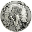 Dragon Spell Goliath Coin featuring Amy Brown art with a fairy surrounded by dragons in antique silver color