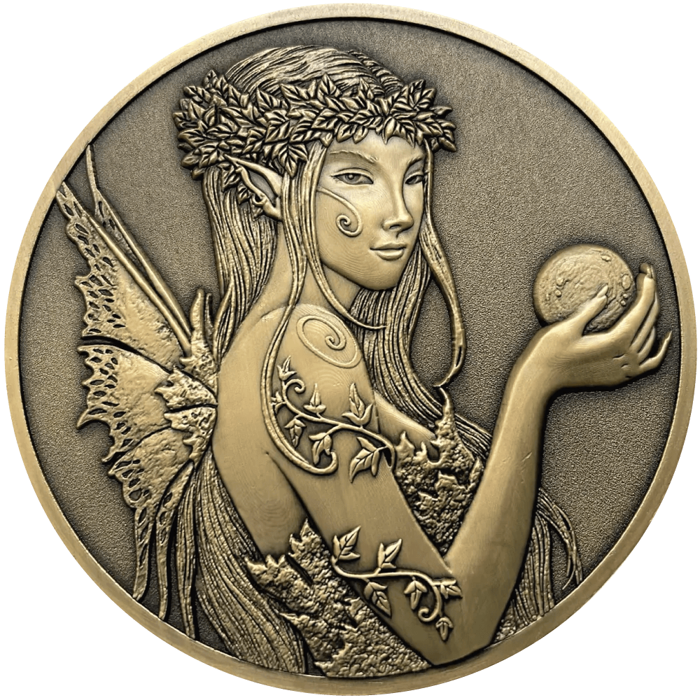 Amy Brown Coin for Enchanted Ivy with fairy and leaves, holding orb, in antique gold color