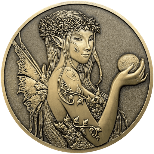 Amy Brown Coin for Enchanted Ivy with fairy and leaves, holding orb, in antique gold color