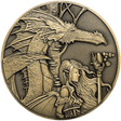 Amy Brown The Journey Goliath Coin with dragon and fairy in a forest, in antique gold colr