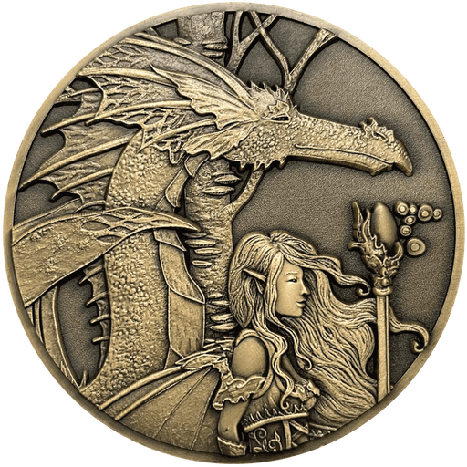 Amy Brown The Journey Goliath Coin with dragon and fairy in a forest, in antique gold colr