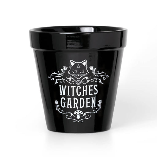 Black ceramic plant pot with a cat and roses and the text "Witches Garden"