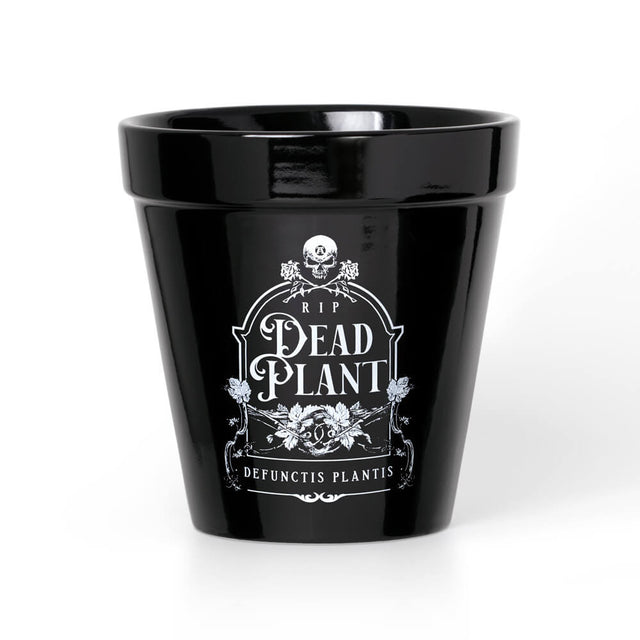 Black ceramic flowerpot with a tombstone and the text "RIP Dead Plant" and "Defunctis Plantis" with floral and skull decorations