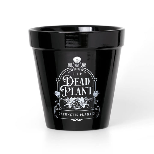 Black ceramic flowerpot with a tombstone and the text "RIP Dead Plant" and "Defunctis Plantis" with floral and skull decorations