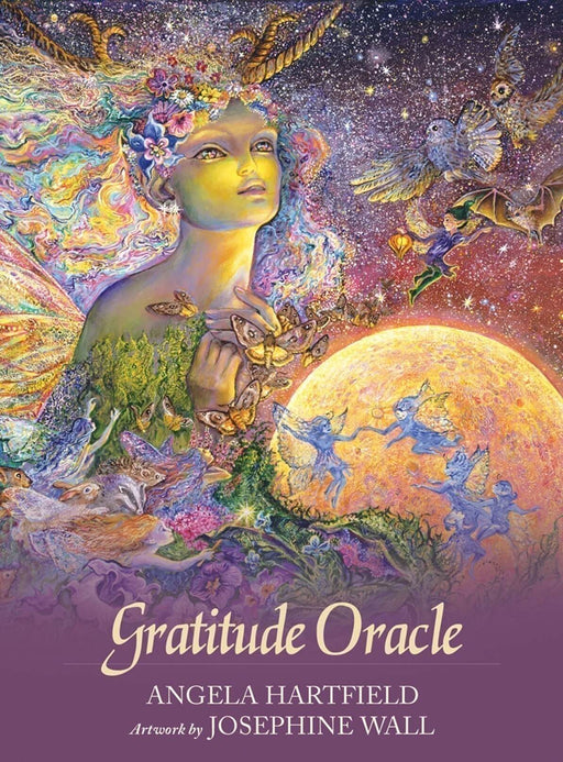 Gratitude Oracle by Angela Hartfield, Artwork by Josephine wall. Box art showing a  rainbow goddess with fairies and butterflies