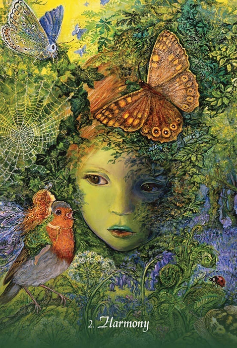 Card example "2. Harmony" showing a green fairy with a bird, butterfly, and spiderweb