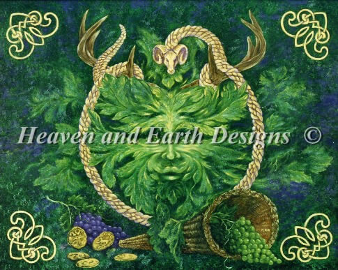 Green Man (Cernunnos) cross stitch pattern. Finished design is a green leafy face with antlers. Cornucopia below, and Celtic designs around the corners
