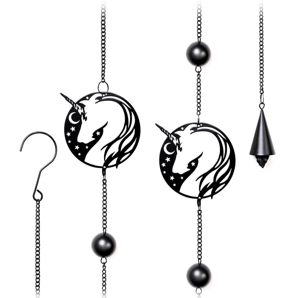 Closeup of components of the unicorn wind chime
