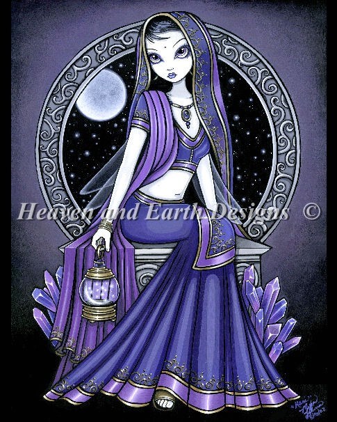 Fairy wearing purple with pale skin. Embroidered dress and hood, holding a lantern in one hand. Violet crystals near the base of her seat and a full moon in the framed opening behind her