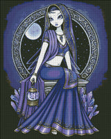 Cross stitch mockup - Fairy wearing purple with pale skin. Embroidered dress and hood, holding a lantern in one hand. Violet crystals near the base of her seat and a full moon in the framed opening behind her. Art by Myka Jelina