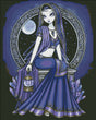 Cross stitch mockup - Fairy wearing purple with pale skin. Embroidered dress and hood, holding a lantern in one hand. Violet crystals near the base of her seat and a full moon in the framed opening behind her. Art by Myka Jelina