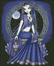 Cross stitch mockup - Fairy wearing purple with pale skin. Embroidered dress and hood, holding a lantern in one hand. Violet crystals near the base of her seat and a full moon in the framed opening behind her. Art by Myka Jelina
