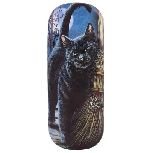 Eyeglass case showing a black cat rubbing on a witch's broom
