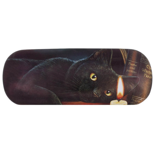 Eyeglass case with black cat staring at a candle flame