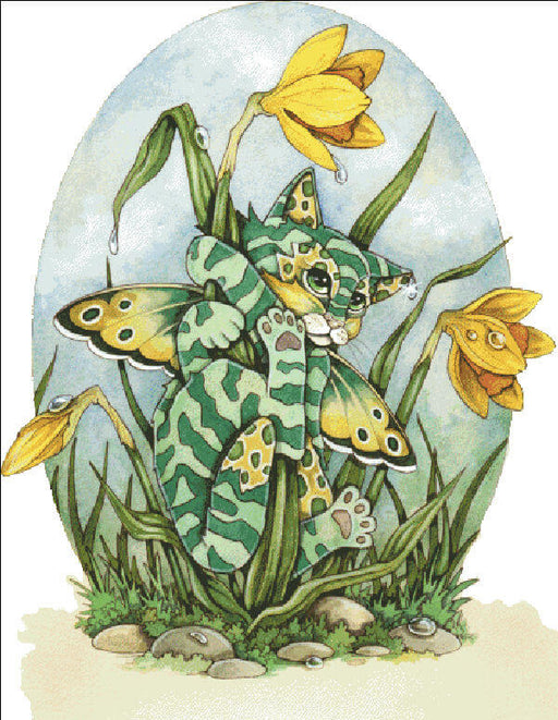 This super cute project features a little green tabby striped fairy kitten! The butterfly-winged cat clings to the stalk of some blooming daffodils. Cross stitch mockup, art by Linda Ravenscroft