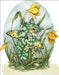 This super cute project features a little green tabby striped fairy kitten! The butterfly-winged cat clings to the stalk of some blooming daffodils. Cross stitch mockup, art by Linda Ravenscroft