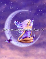 The artwork of Rachel Anderson shows off a pixie perched upon the crescent moon. The fairy has a short dress of purple and lilac hair to match, with shining butterfly wings. More butterflies flit through the starry sky.