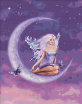 The artwork of Rachel Anderson shows off a pixie perched upon the crescent moon. The fairy has a short dress of purple and lilac hair to match, with shining butterfly wings. More butterflies flit through the starry sky. Cross stitch mockup