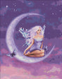 The artwork of Rachel Anderson shows off a pixie perched upon the crescent moon. The fairy has a short dress of purple and lilac hair to match, with shining butterfly wings. More butterflies flit through the starry sky. Cross stitch mockup