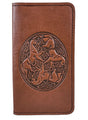 Saddle colored leather Celtic horse checkbook cover featuring a knotwork and horses design