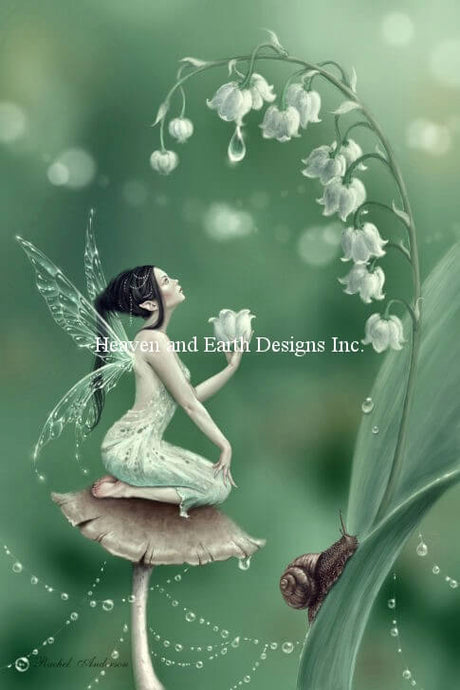 Rachel Anderson's work shows off a lovely pixie sitting on a toadstool. The fairy has a pale white dress and transparent wings, and contrasting ebony black hair. She holds up a flower like a cup, ready to catch a drip of morning dew. More of the lily of the valley blossoms bloom along the plant's stem, and a snail friend keeps the fae company.