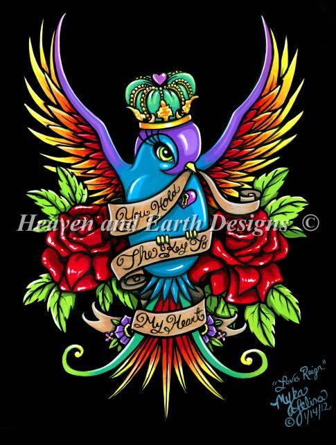 The artwork shows off a bright and bold bird, topped with a crown and surrounded by roses. A banner it holds in its beak reads, "You Hold The Key To My Heart".  Art by Myka Jelina