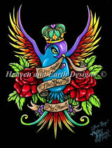 The artwork shows off a bright and bold bird, topped with a crown and surrounded by roses. A banner it holds in its beak reads, "You Hold The Key To My Heart".  Art by Myka Jelina