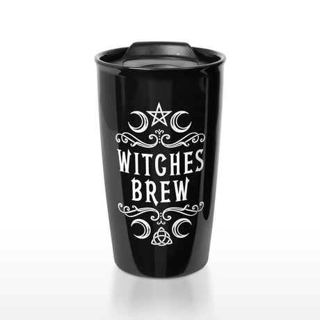 Witches Brew black travel mug with white text and moon designs