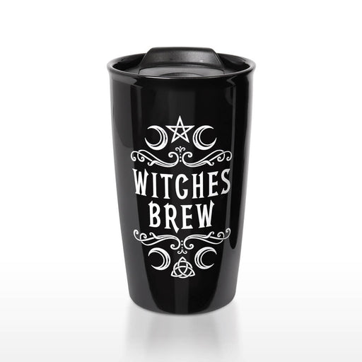 Witches Brew black travel mug with white text and moon designs