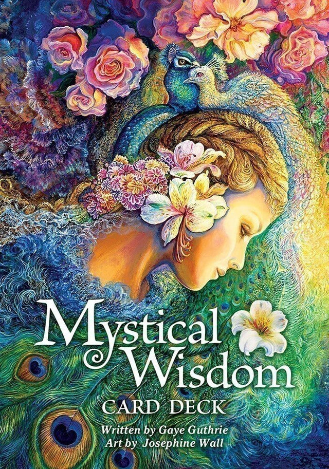 Mystical Wisdom Card Deck, written by Gaye Guthrie, Art by Josephine Wall. Shows a beautiful woman, two peacocks, and flowers