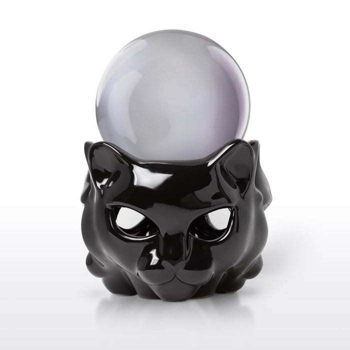 Black cat holder shown with a crystal ball instead of a coffee mug