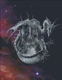 Silver gray moon dragon perched upon the moon, stars in the background. Cross stitch mockup