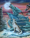 A wolf and a dragon sit side by side in a snowy landscape, howling up at the moon together. artwork by Ed Beard Jr