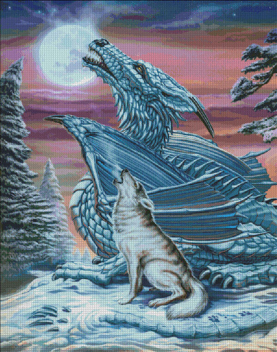 A wolf and a dragon sit side by side in a snowy landscape, howling up at the moon together. Cross stitch mockup featuring artwork by Ed Beard Jr