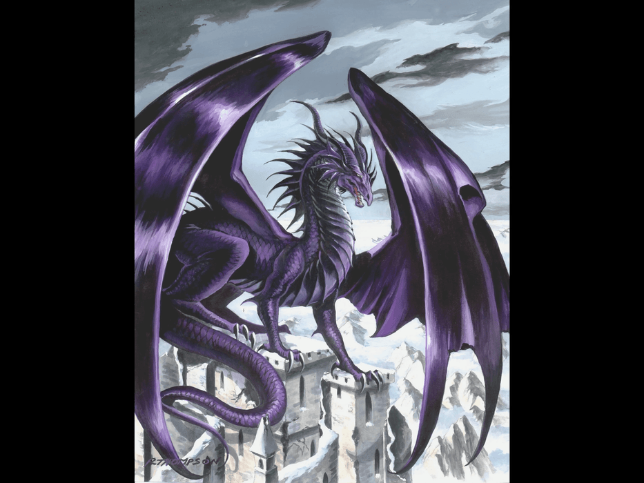 Black-purple dragon perched on a white castle ruins, art by Ruth Thompson