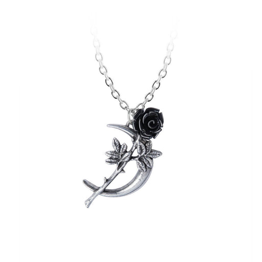 Pendant featuring a crescent moon crossed by a black rose in pewter and resin